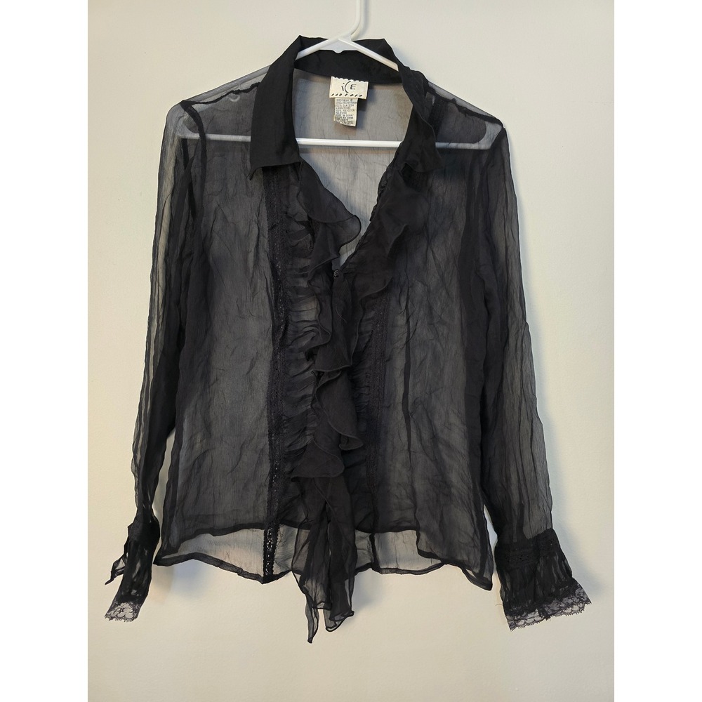 Ice Silk Blouse Long Sleeve Button Front Ruffle Trim Womens Small Black Sheer